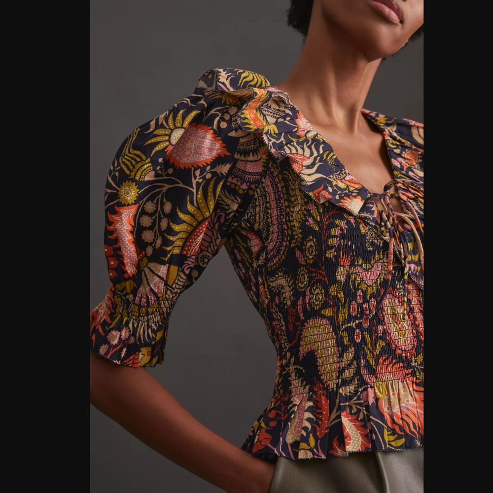 EUC Anthropologie Vibrant Printed Smocked Blouse - Size Large